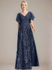 A-line V-Neck Floor-Length Lace Sequin Chiffon Mother of the Bride Dress With Pleated