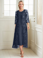 A-line Scoop Tea-Length Lace Chiffon Mother of the Bride Dress