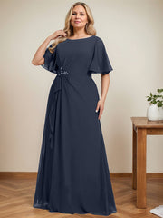 A-line Scoop Floor-Length Chiffon Mother of the Bride Dress With Cascading Ruffles Beading Sequins