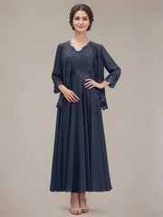 A-line V-Neck Ankle-Length Chiffon Mother of the Bride Dress With Sequins Appliques Lace Beading