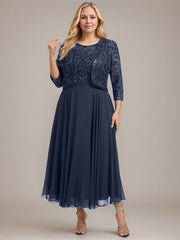 A-line Boat Neck Illusion Tea-Length Lace Chiffon Mother of the Bride Dress With Sequins