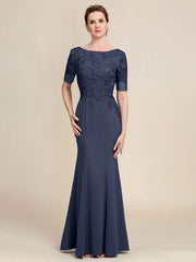 Grey Blue Mermaid Floor Length Chiffon Mother of Bride Dress With Appliques