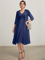 A-line V-Neck Knee-Length Chiffon Lace Mother of the Bride Dress With Pleated Beading Sequins