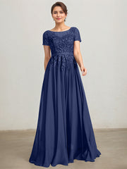 A-line Illusion Scoop Floor-Length Lace Chiffon Mother of the Bride Dress With Sequins