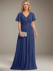 A-line V-Neck Floor-Length Chiffon Mother of the Bride Dress With Crystal Brooch Pleated