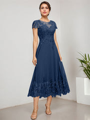 A-line Scoop Illusion Tea-Length Lace Chiffon Mother of the Bride Dress With Sequins