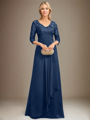 Empire V-Neck Floor-Length Lace Chiffon Mother of the Bride Dress With Cascading Ruffles Sequins