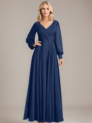 A-line V-Neck Floor-Length Chiffon Mother of the Bride Dress With Sequins Appliques Lace Pleated