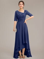 A-line Asymmetrical Asymmetrical Lace Chiffon Mother of the Bride Dress With Pleated Sequins