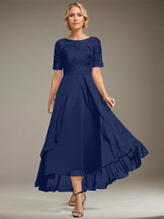 A-line Scoop Illusion Asymmetrical Lace Chiffon Mother of the Bride Dress