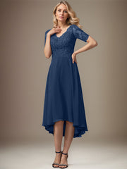 A-line V-Neck Asymmetrical Lace Chiffon Mother of the Bride Dress With Sequins