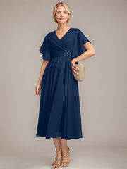 A-line V-Neck Tea-Length Chiffon Mother of the Bride Dress With Pleated Beading