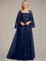 A-line Square Floor-Length Tulle Lace Sequin Mother of the Bride Dress