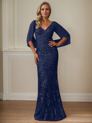 Sheath V-Neck Floor-Length Tulle Mother of the Bride Dress