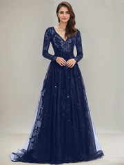 Ball-Gown/Princess V-Neck Sweep Train Tulle Lace Evening Dress With Sequins