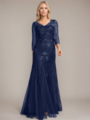 Trumpet/Mermaid Illusion V-Neck Floor-Length Tulle Sequin Lace Mother of the Bride Dress