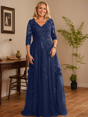 A-line V-Neck Floor-Length Tulle Lace Mother of the Bride Dress With Sequins