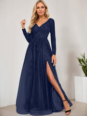 A-line V-Neck Floor-Length Tulle Prom Dresses With Sequins Appliques Lace Beading