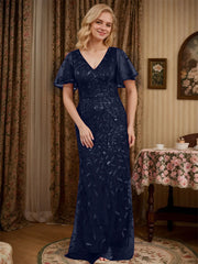 Sheath V-neck Short Sleeves Floor-Length Lace Mother of the Bride Dress