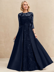 A-line Scoop Illusion Floor-Length Satin Lace Evening Dress With Sequins