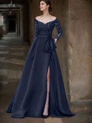 A-Line Off-The-Shoulder 3/4 Sleeves Sweep Train Lace/Satin Mother Of The Bride Dresses With Split Front