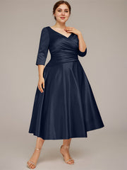 A-line V-Neck Tea-Length Satin Mother of the Bride Dress With Pleated
