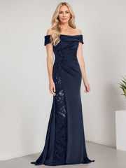 A-Line Off the Shoulder Floor-Length Chiffon Mother of the Bride Dress Applique Beadings Mermaid Dress With  High Split