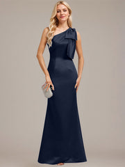 Sheath/Column One Shoulder Floor-Length Satin Evening Dress With Bow Pleated