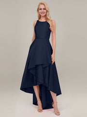 A-line Scoop Asymmetrical Satin Evening Dress