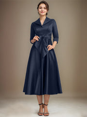 A-line V-Neck Collared Tea-Length Satin Mother of the Bride Dress