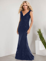 A-line V-Neck Floor-Length Lace Chiffon Mother of the Bride Dress With Applique Sequins Mermaid Dresses