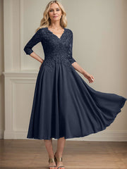A-line V-Neck Tea-Length Chiffon Lace Mother of the Bride Dress With Beading Sequins