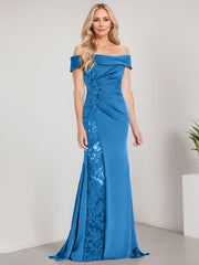 A-Line Off the Shoulder Floor-Length Chiffon Mother of the Bride Dress Applique Beadings Mermaid Dress With  High Split