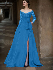A-Line Off-The-Shoulder 3/4 Sleeves Sweep Train Lace/Satin Mother Of The Bride Dresses With Split Front