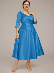 A-line V-Neck Tea-Length Satin Mother of the Bride Dress With Pleated
