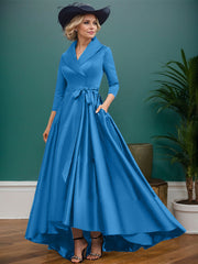 A-Line V-Neck 3/4 Sleeves Satin Mother Of The Bride Dresses With Pockets