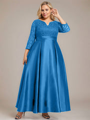 A-line V-Neck Ankle-Length Lace Satin Mother of the Bride Dress With Rhinestone