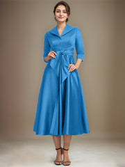 A-line V-Neck Collared Tea-Length Satin Mother of the Bride Dress