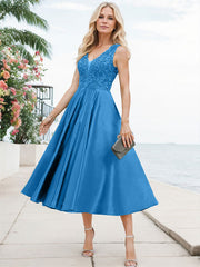 A-Line V-Neck Sleeveless Tea-Length Satin Mother Of The Bride Dresses With Lace