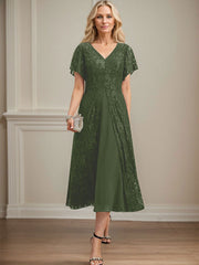 A-line V-Neck Tea-Length Lace Chiffon Mother of the Bride Dress