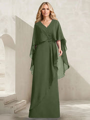 A-line V-Neck Floor-Length Chiffon Mother of the Bride Dress With Cascading Ruffles Beading
