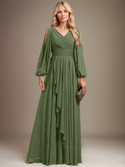 A-line Cold Shoulder V-Neck Floor-Length Chiffon Mother of the Bride Dress With Cascading Ruffles Beading
