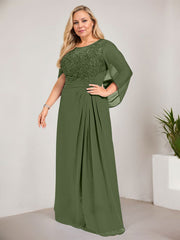 A-line Scoop Illusion Floor-Length Lace Chiffon Mother of the Bride Dress With Sequins Pleated