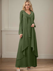 Elegant V-Neck Long Sleeves Floor-Length Mother Of The Bride Dresses WithWrap