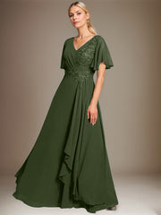 A-line V-Neck Floor-Length Lace Chiffon Mother of the Bride Dress With Cascading Ruffles Sequins