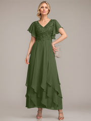 A-line V-Neck Ankle-Length Lace Chiffon Mother of the Bride Dress With Cascading Ruffles
