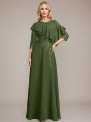 A-line Scoop Illusion Floor-Length Chiffon Lace Mother of the Bride Dress With Ruffle Sequins Beading