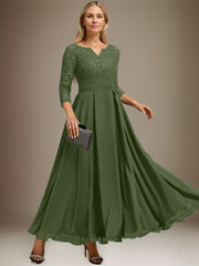 A-line V-Neck Ankle-Length Chiffon Lace Mother of the Bride Dress With Rhinestone