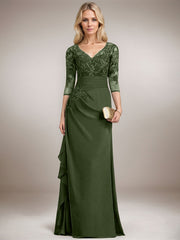 A-line V-Neck Floor-Length Lace Chiffon Mother of the Bride Dress With Cascading Ruffles