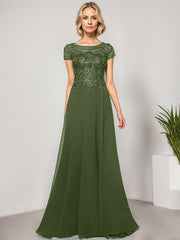 A-line Scoop Illusion Floor-Length Lace Chiffon Evening Dress With Sequins